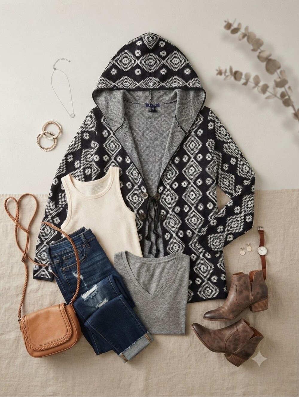 Wrangler Retro Black White Geometric Aztec Print Open Front Hooded Cardigan